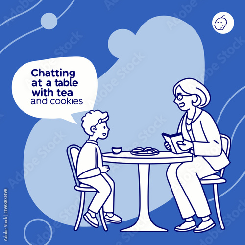 Elderly woman and young man chatting at a table with tea and cookies, flat graphic style, blue abstract background with speech bubbles, concept of family bonding. Vector .