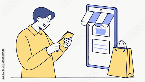 Smiling man uses smartphone for online shopping with credit card, money, big screen and shopping bags on white background. Concept of e-commerce. Vector .