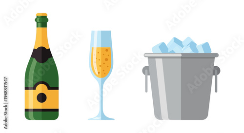 Champagne bottle, elegant champagne flute with bubbles, and an ice bucket, isolated white background, flat vector illustration for celebration