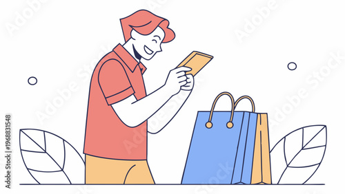 Smiling man uses smartphone for online shopping with credit card, money, big screen and shopping bags on white background. Concept of e-commerce. Vector .