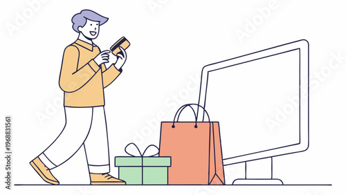 Smiling man uses smartphone for online shopping with credit card, money, big screen and shopping bags on white background. Concept of e-commerce. Vector .