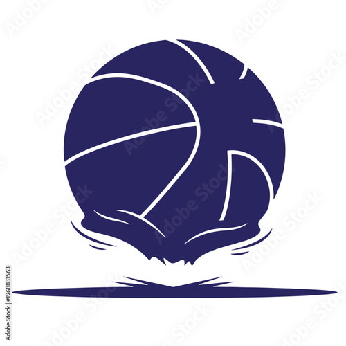 Dark blue silhouette of a basketball hitting the ground with motion lines indicating impact and bounce on a white background