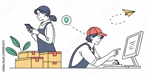 Two people using digital devices for tracking and managing delivery logistics, flat style, with a smartphone and boxes on a white background. Concept of shipment tracking. Vector .