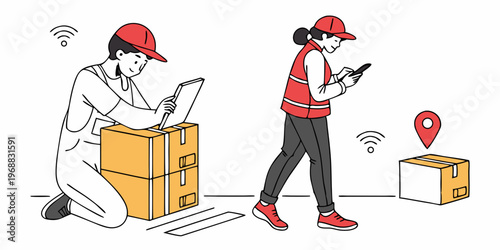 Two people using digital devices for tracking and managing delivery logistics, flat style, with a smartphone and boxes on a white background. Concept of shipment tracking. Vector .