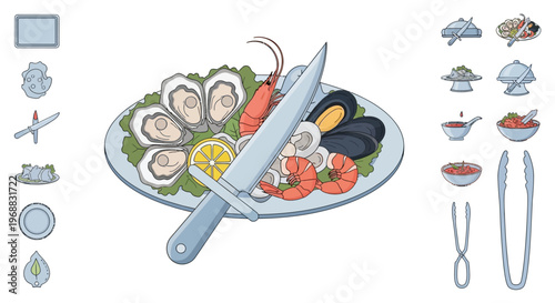 Exquisite seafood platter with oysters, shrimp, and mussels, served with cooking utensils, isolated white background, flat vector illustration