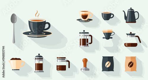 Collection of coffee cups, mugs, and brewing equipment including French press and coffee beans, isolated white background, flat vector illustration