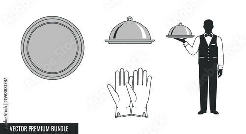 Professional waiter holding a cloche, alongside an empty plate and service gloves, isolated white background, flat vector illustration
