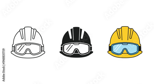 Three different types of safety helmets with goggles for workplace protection Vector
