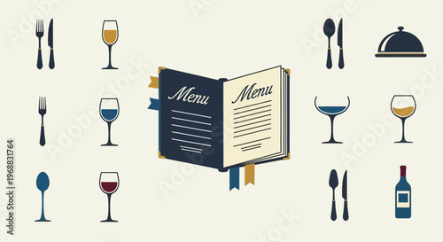 Collection of restaurant menu, cutlery, and glassware items for dining, isolated white background, flat vector illustration