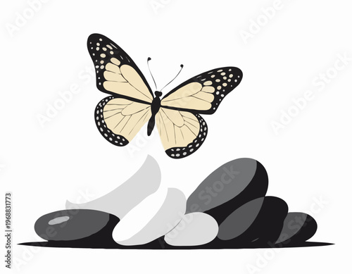 Vector Illustration of a Delicate Butterfly Perched on a Pile of Black and White Stones