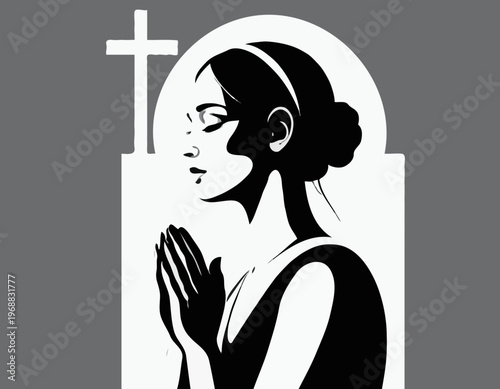 Woman Embracing a Cross While Praying in a Black and White Vector Illustration for Spiritual Art