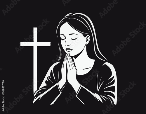 Woman Embracing a Cross While Praying in a Black and White Vector Illustration for Spiritual Art