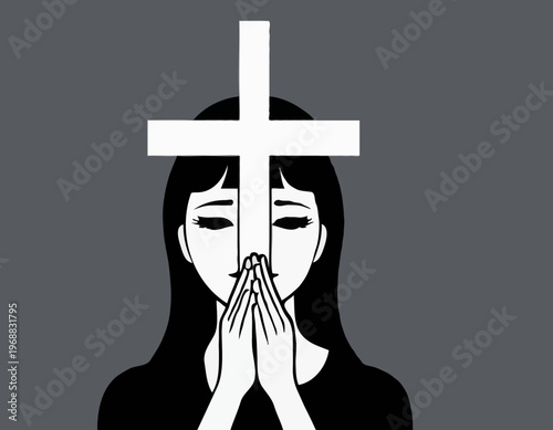 Woman Embracing a Cross While Praying in a Black and White Vector Illustration for Spiritual Art