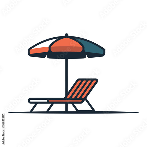 A colorful beach lounge chair with an umbrella providing shade on a sunny day.
