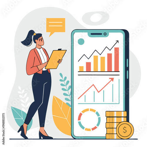 Female analyst with clipboard standing beside large smartphone screen showing financial charts, graphs, and coins on abstract background. Concept of mobile finance. Vector .