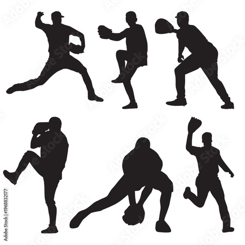 Baseball Pitcher and Fielder Silhouettes Professional Player Action Set