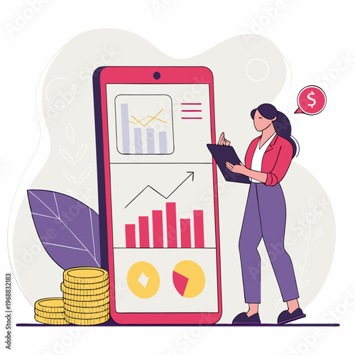Female analyst with clipboard standing beside large smartphone screen showing financial charts, graphs, and coins on abstract background. Concept of mobile finance. Vector .