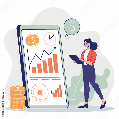 Female analyst with clipboard standing beside large smartphone screen showing financial charts, graphs, and coins on abstract background. Concept of mobile finance. Vector .