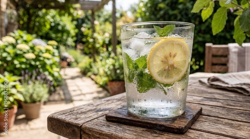 Glass of Refreshing Water with Lime Slices on Rustic Outdoor Table
