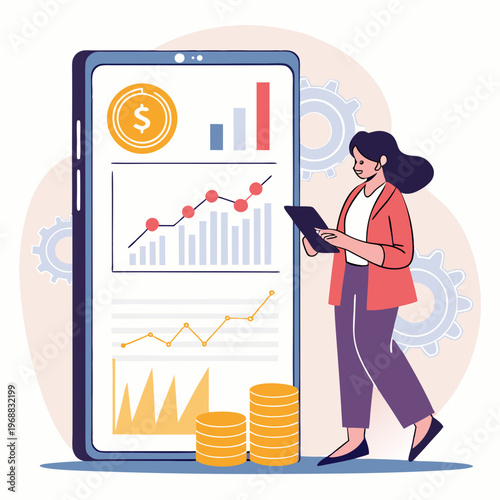 Female analyst with clipboard standing beside large smartphone screen showing financial charts, graphs, and coins on abstract background. Concept of mobile finance. Vector .