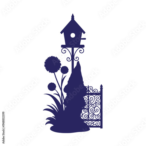 Dark blue silhouette of a garden gnome standing next to a birdhouse on a post with ornamental flowers and a decorative wrought iron gate isolated on a white background