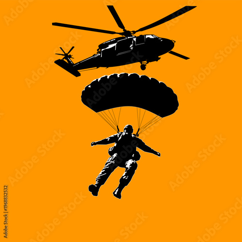 Military helicopter deploying paratrooper soldier with parachute silhouette illustration. Concept of airborne forces, tactical military operation, special forces mission and army deployment