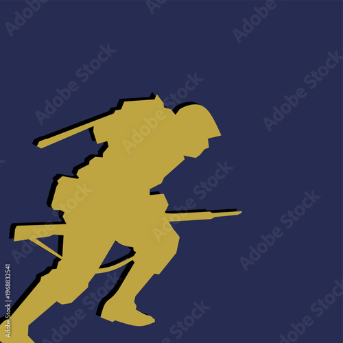 Military soldier retro and vintage style silhouette carrying weapon illustration. Concept of veterans day, army infantry, military operation, battlefield patrol and armed forces