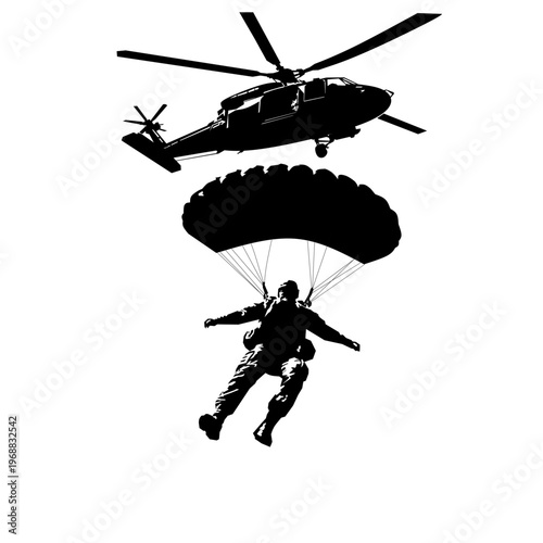 Silhouette of paratrooper jumping with parachute from military helicopter. Concept of airborne forces, special operation, army mission, and military deployment.