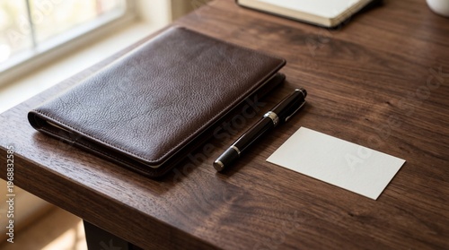 Luxury Dark Brown Leather Notebook and Pen on Professional Wooden Desk