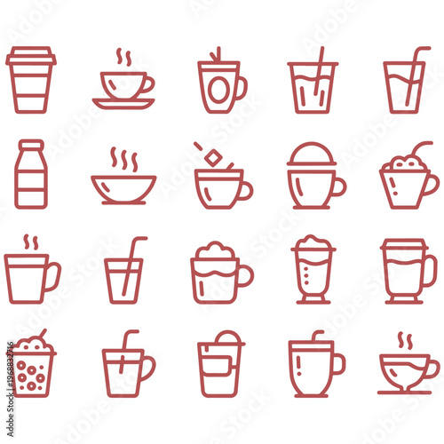 Collection of various hot and cold beverage icons in a grid layout
