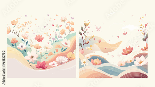 Charming watercolor illustrations of rolling hills adorned with delicate wildflowers and fluttering butterflies, evoking a serene spring meadow scene