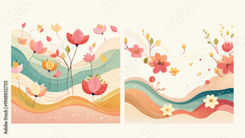 Abstract floral artwork with rolling hills and gentle pastel colors, evoking a sense of spring and serenity in nature inspired design