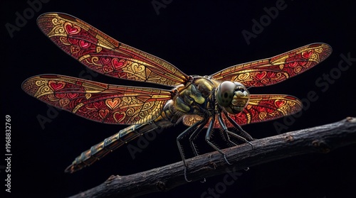 Intricate Ornate Dragonfly Art with Red Jewels and Golden Filigree Wings