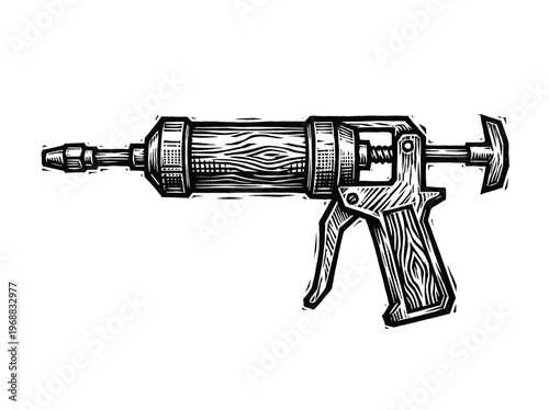 Vintage Grease Gun Automotive Tool Engraving Illustration Black and White Line Art