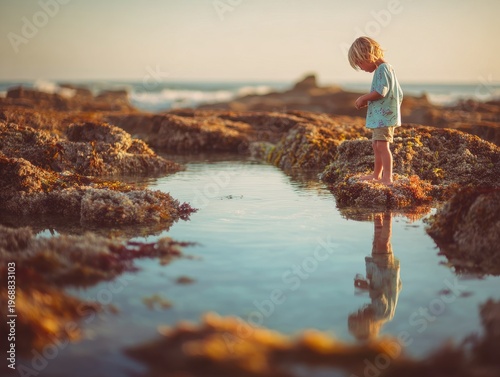 child exploring tidal pools with a blured nature background