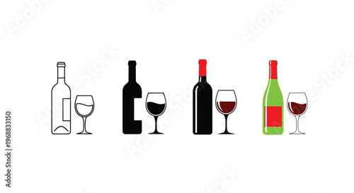 Four different types of wine bottles and glasses displayed in sequence Vector