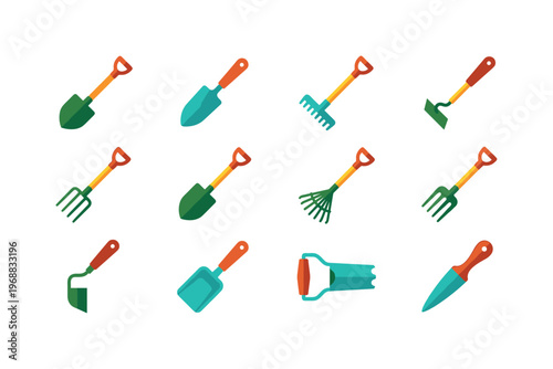 Collection of colorful flat design garden tools for planting and cultivation