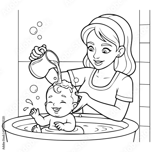 A mother gently washing her babys hair in a bathtub, black and white line art illustration for coloring book