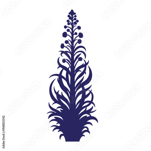 Dark blue silhouette of a stylized floral botanical motif with symmetrical leaves and small circular blossoms arranged in a vertical tapering pattern on a white background