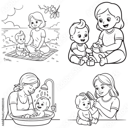 Set of coloring pages for kids featuring a mother and her baby in various daily activities