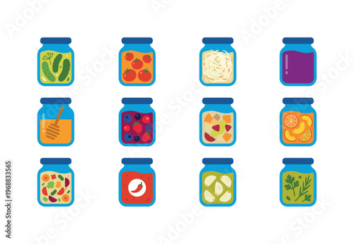 A jar of pickled cucumbers, jar of pickled tomatoes, jar of sauerkraut, jar of jam, jar of honey, jar of preserved berries, jar of