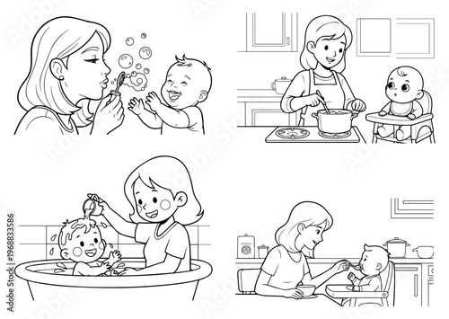 Set of coloring pages featuring a mother and baby in daily activities