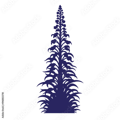 Dark blue silhouette of a tall conical flower spike with layered petals and pointed leaves isolated on a white background