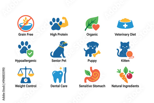 A grain free food icon, high protein food icon, organic pet food icon, veterinary diet food icon, hypoallergenic food icon, senior