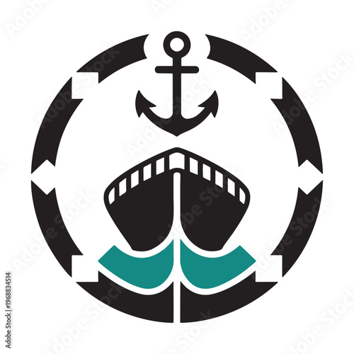 Maritime emblem featuring an anchor and ship hull with stylized waves