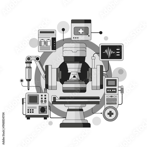 A grayscale illustration of an industrial control panel, conveying a sense of technology and machinery in an industrial setting.