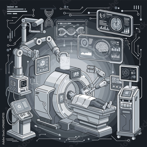 A grayscale illustration of a medical device with a screen and controls, conveying a sense of technology and healthcare.