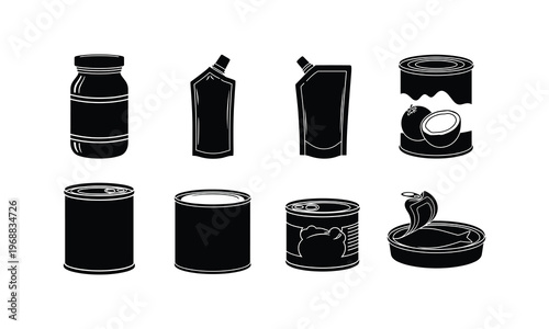Various types of food packaging containers and their contents illustrated in black and white