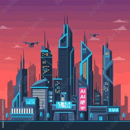 A stylized illustration of a modern cityscape at dusk with sleek skyscrapers and a vibrant color palette, evoking a sense of urban sophistication and 