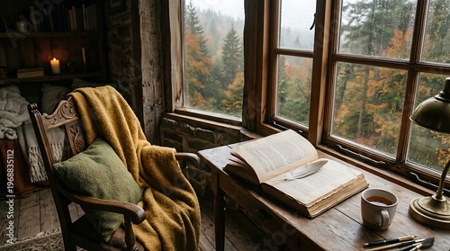 Cozy cabin interior with chair blanket pillow book and cup of coffee on wooden desk by large window overlooking autumn forest